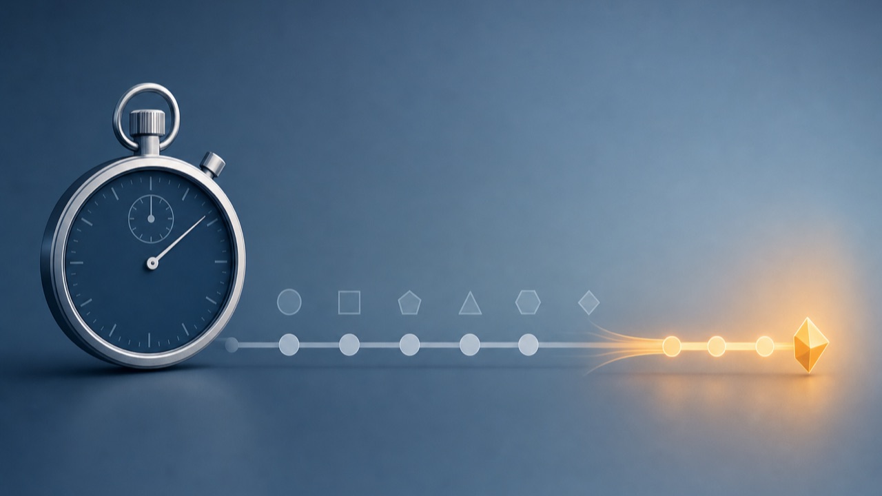 A stopwatch beside a timeline where a slow chain of steps compresses into a fast amber lane