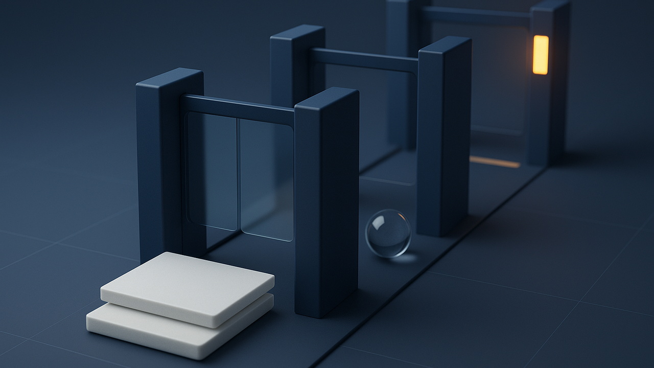 A corridor of navy checkpoint gates with stacked frost control tiles and a glass orb waiting before an amber threshold.