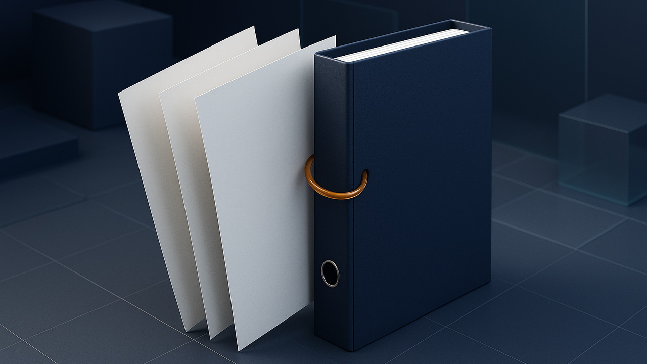 Three frost-white letter sheets folding into a single navy binder, joined at the spine by an amber ring.