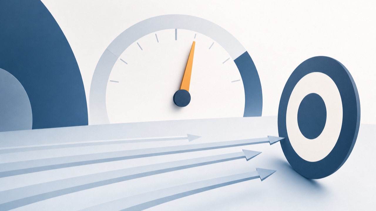 Parallel arrows converging on a target with a gauge needle stopping just short of the top