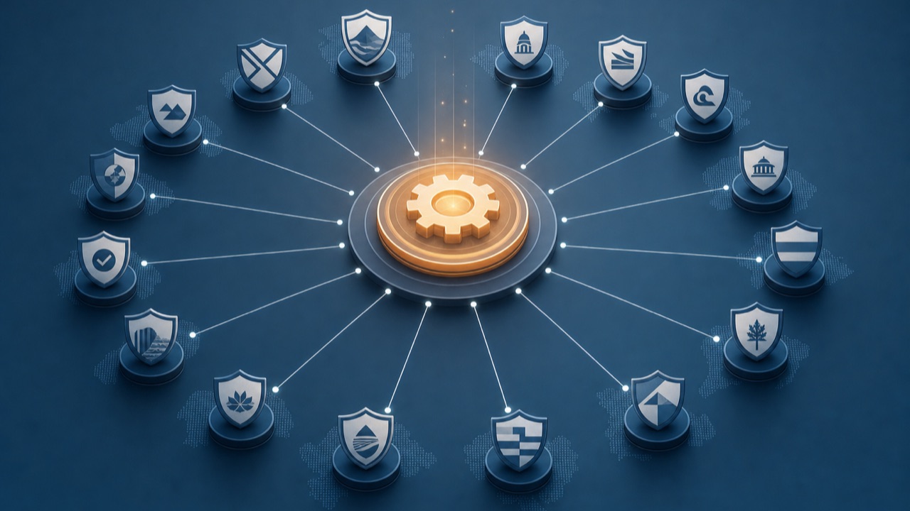 One central workflow core connected to a ring of many distinct jurisdiction shield badges