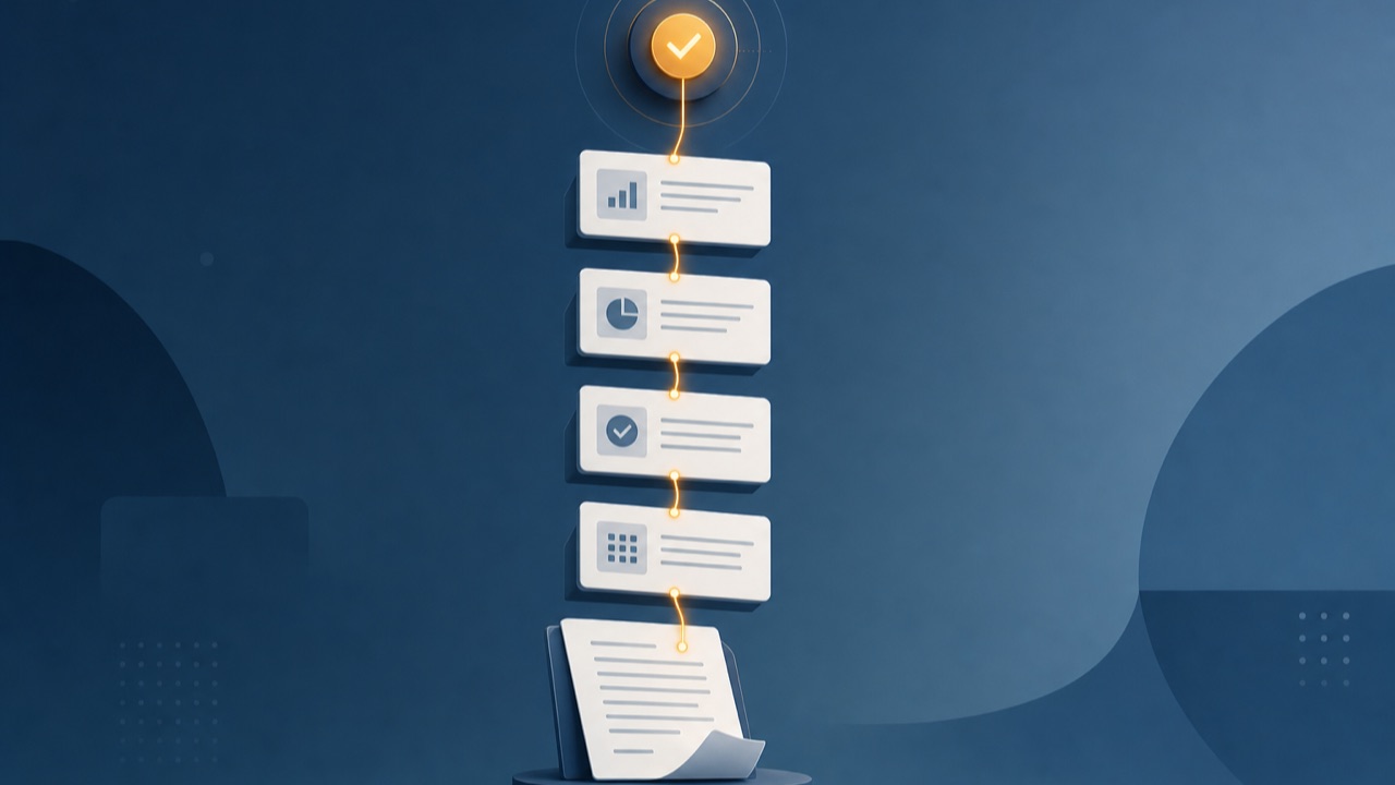 A decision node traced by an amber thread down through linked evidence cards to a source document