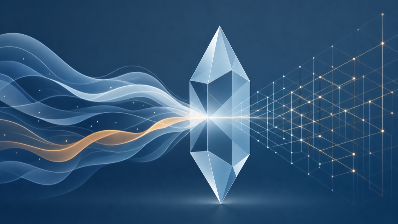 Streams of plain language passing through a crystalline compiler prism and emerging as an ordered lattice of connected nodes